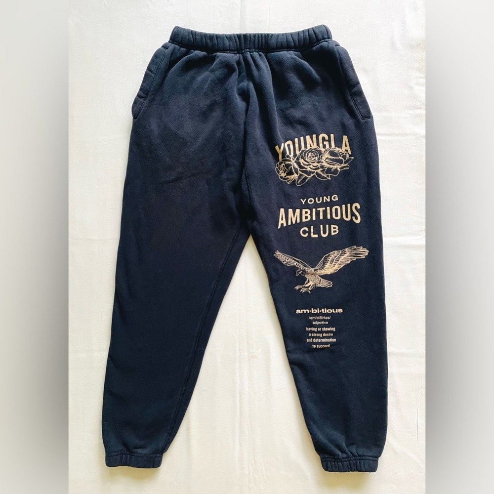 YoungLA Ambitious Club Graphic Sweatpants - Navy with Cream Print. Size S